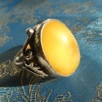 Large 6.6g Baltic Butterscotch Amber Silver Ring, 1990s Artisan Handcrafted Egg Yolk Beeswax Amber
