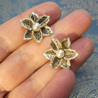1950s Vintage Flower Earrings Spanish Damascene Style Glass Pearl Clip-Ons
