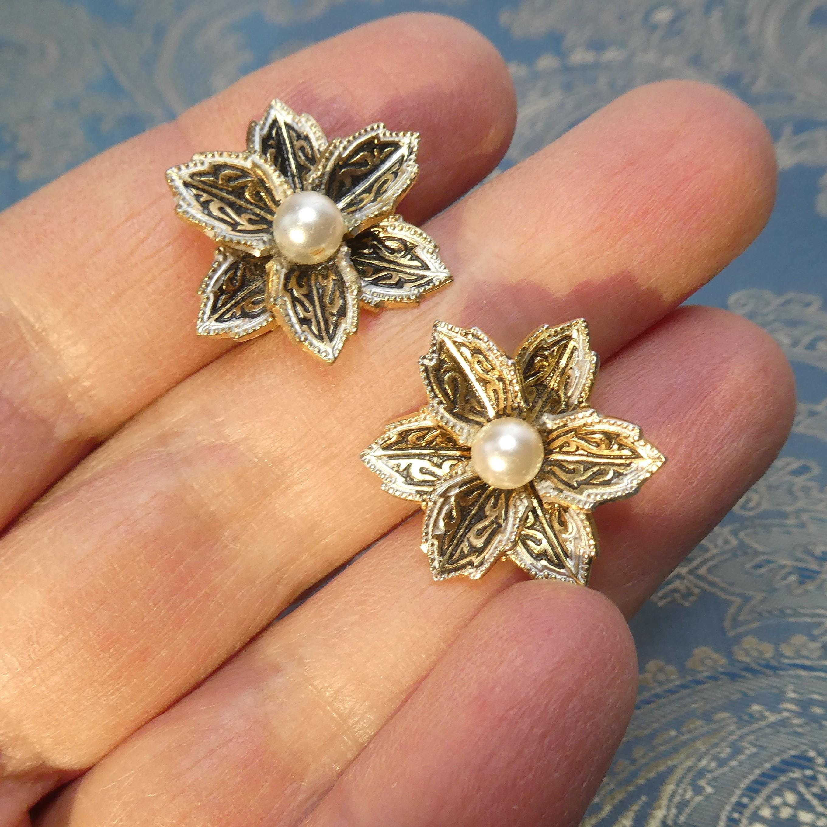 1950s Vintage Flower Earrings Spanish Damascene Style Glass Pearl Clip-Ons