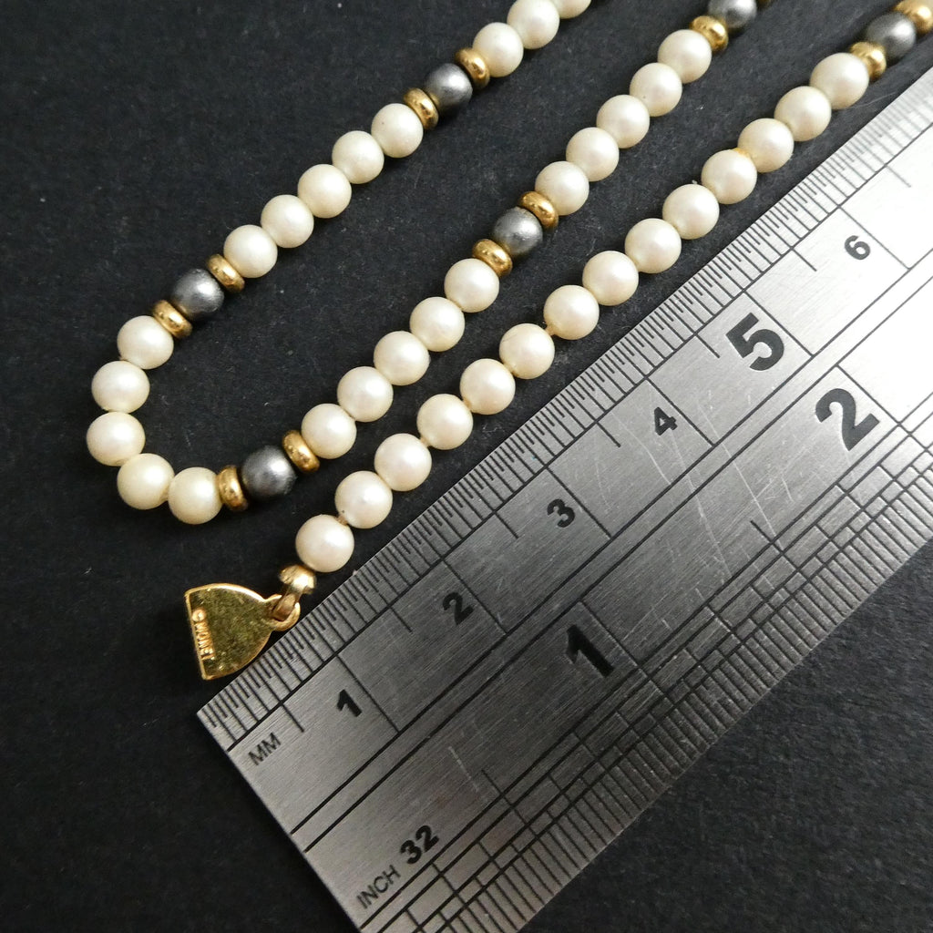 Vintage Monet Glass Pearl Necklace 1980s Dainty Black & White Pearl Matinee Rope