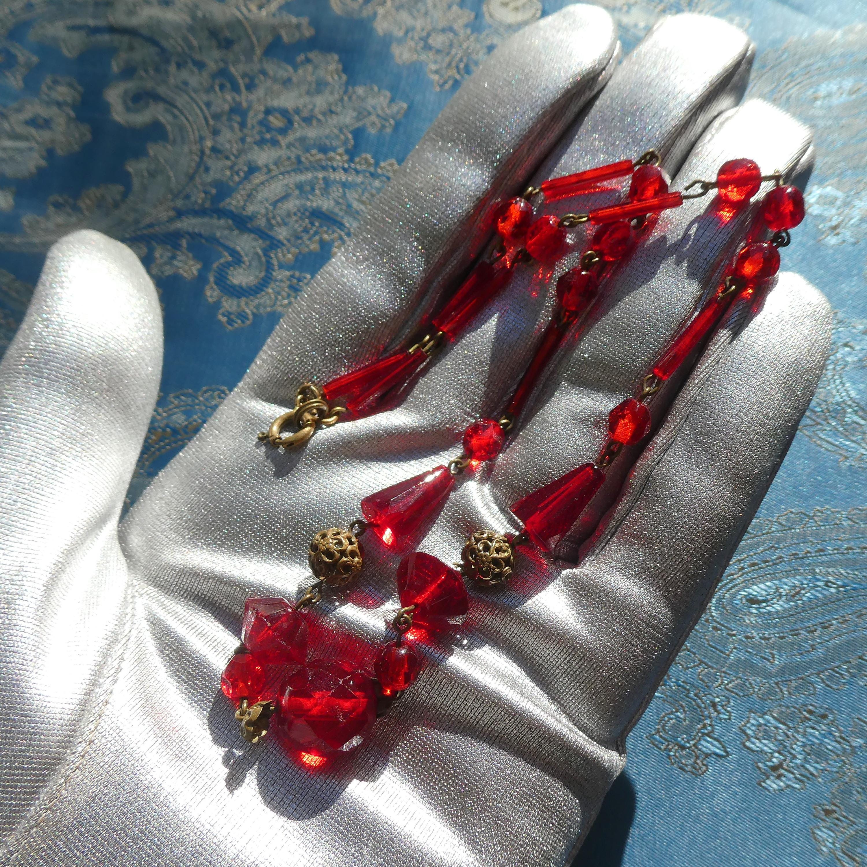 Antique 1920s Deco Neiger Brothers Necklace Chinoiserie Pierced Spheres & Blood Red Czech (Bohemian) Crystal
