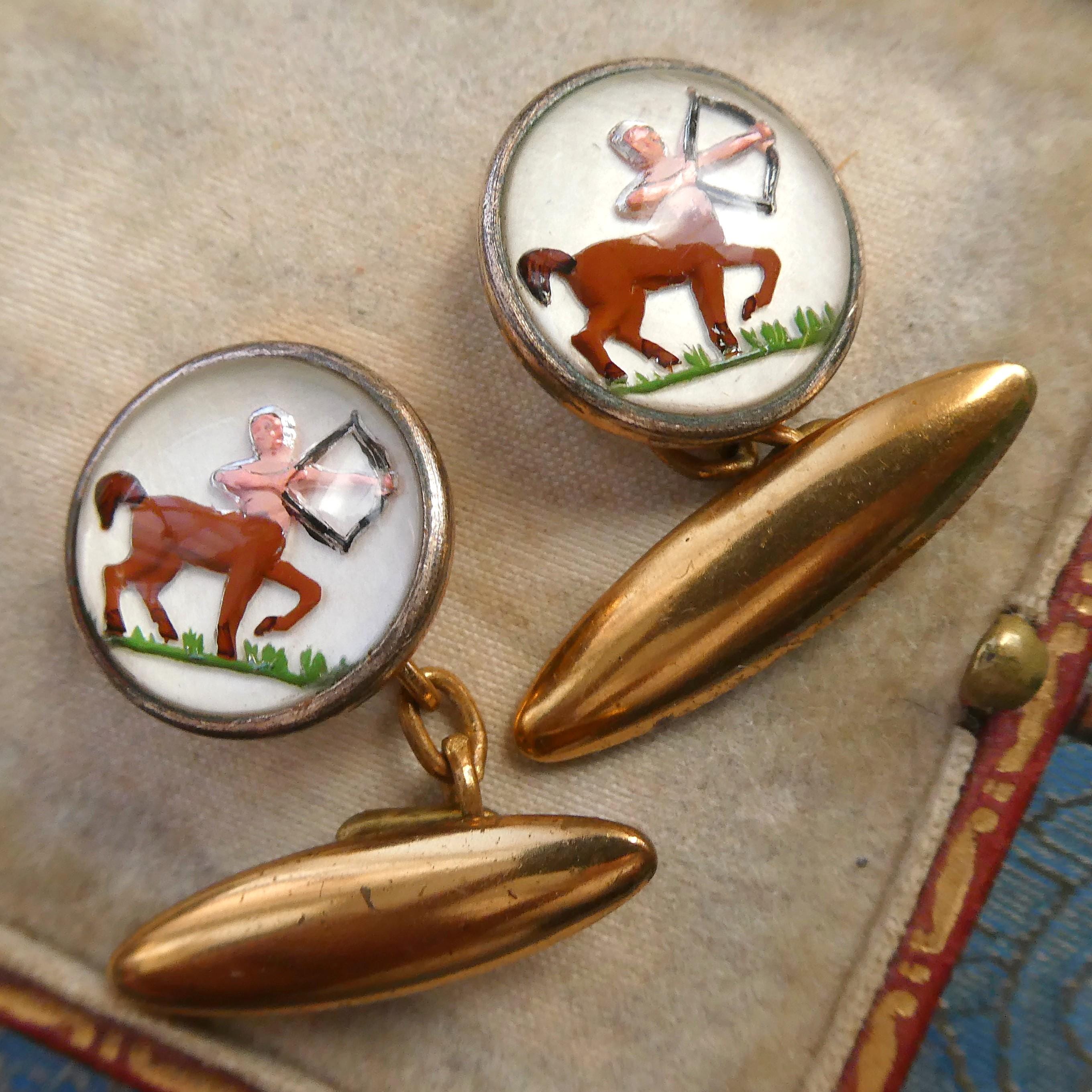 Antique Deco Cufflinks Sagittarius Zodiac Sign Intaglio Reverse Painted Essex Crystal Glass December Birthday