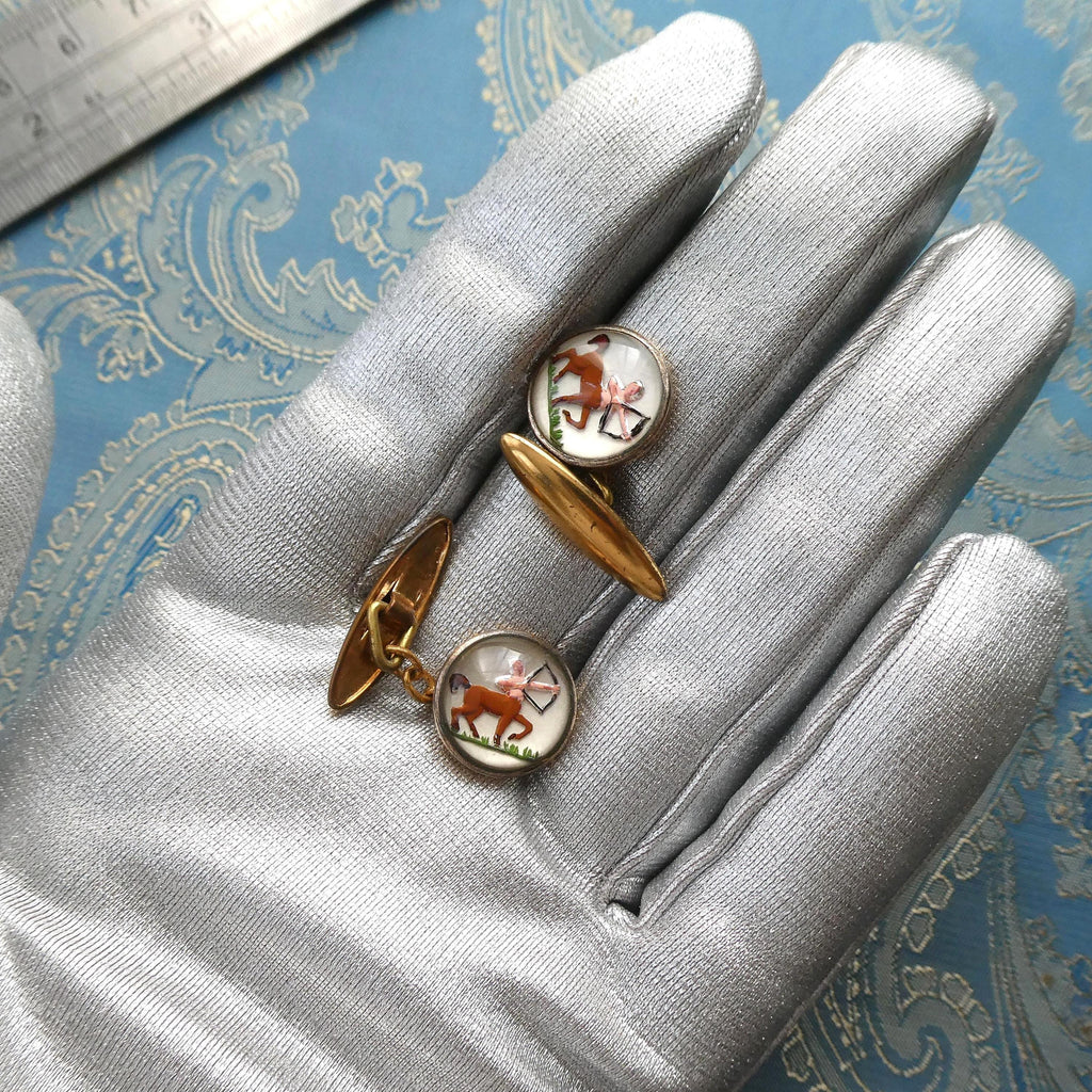 Antique Deco Cufflinks Sagittarius Zodiac Sign Intaglio Reverse Painted Essex Crystal Glass December Birthday