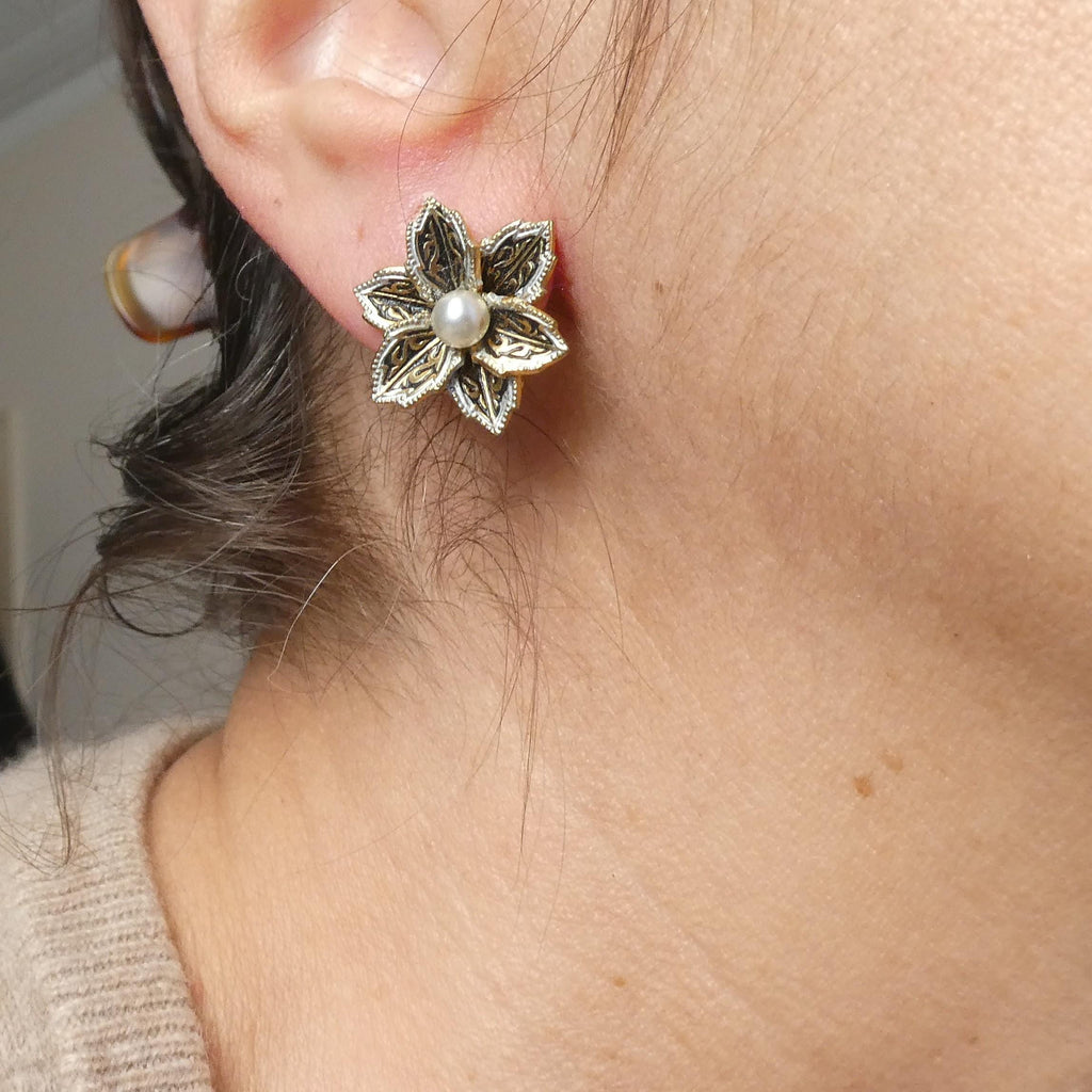 1950s Vintage Flower Earrings Spanish Damascene Style Glass Pearl Clip-Ons