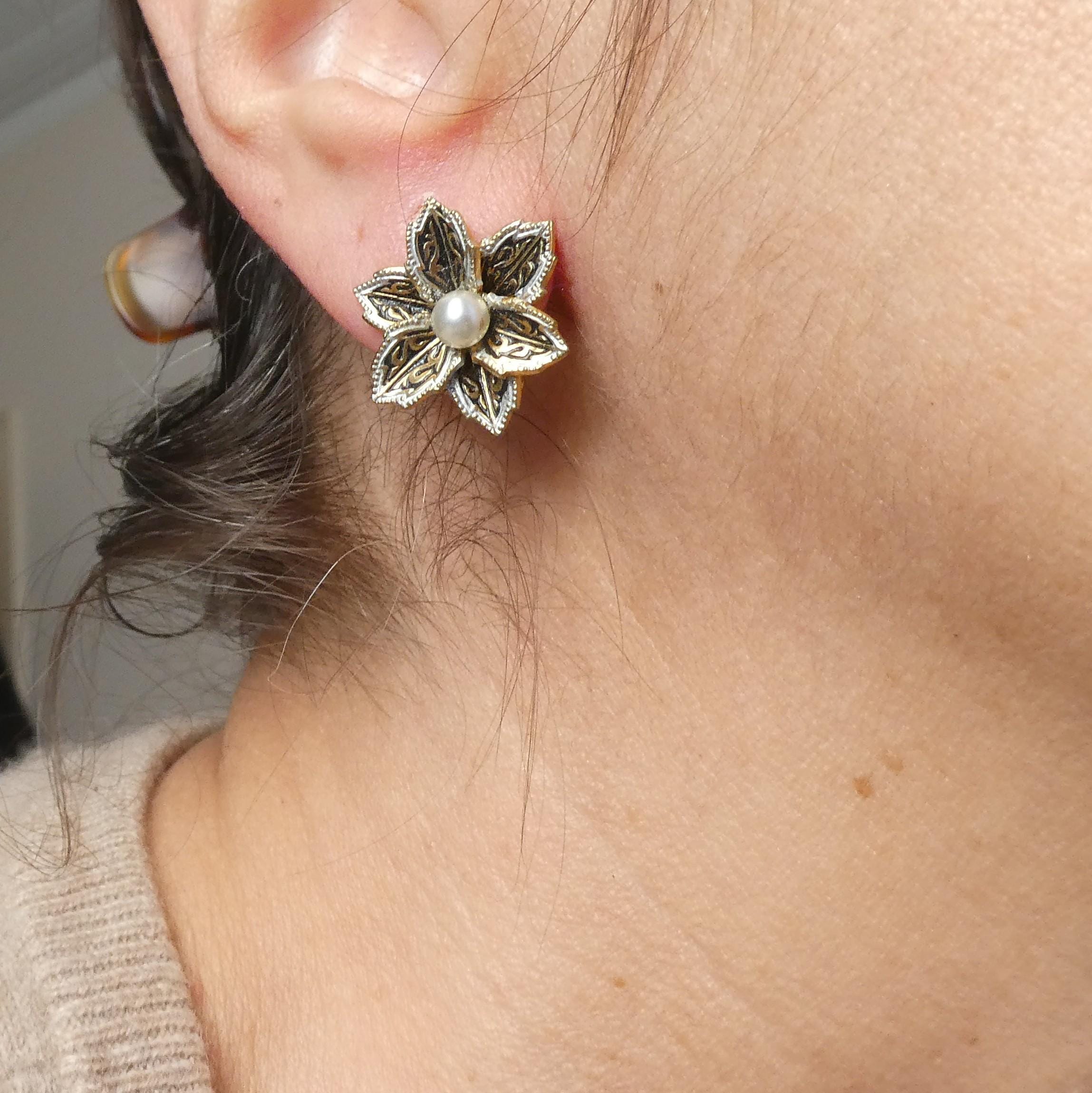 1950s Vintage Flower Earrings Spanish Damascene Style Glass Pearl Clip-Ons