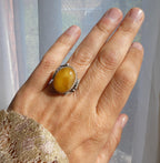 Large 6.6g Baltic Butterscotch Amber Silver Ring, 1990s Artisan Handcrafted Egg Yolk Beeswax Amber