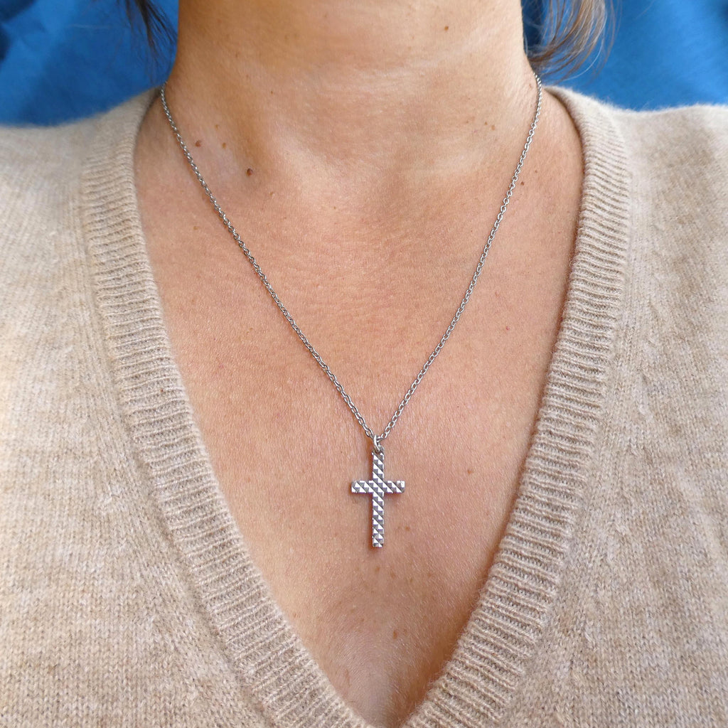 Vintage Diamond Cut Cross Pendant 1970s Shiny Mod Polished Christian Jewelry