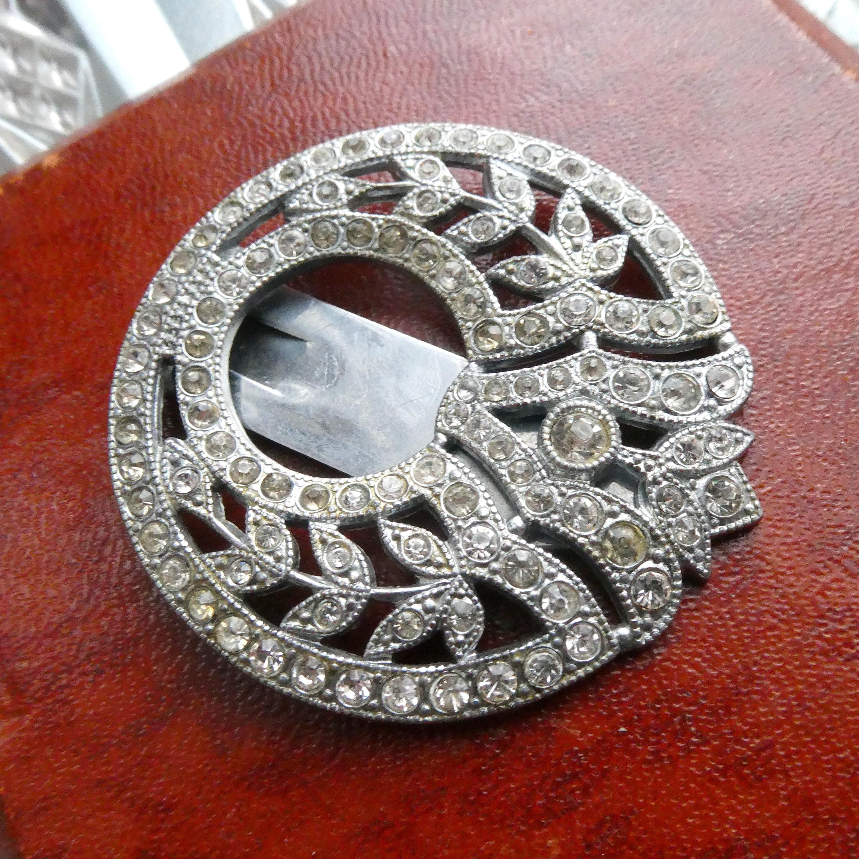 Vintage 1930s Deco Dress Clip Brooch Large Diamante Buckle Pin