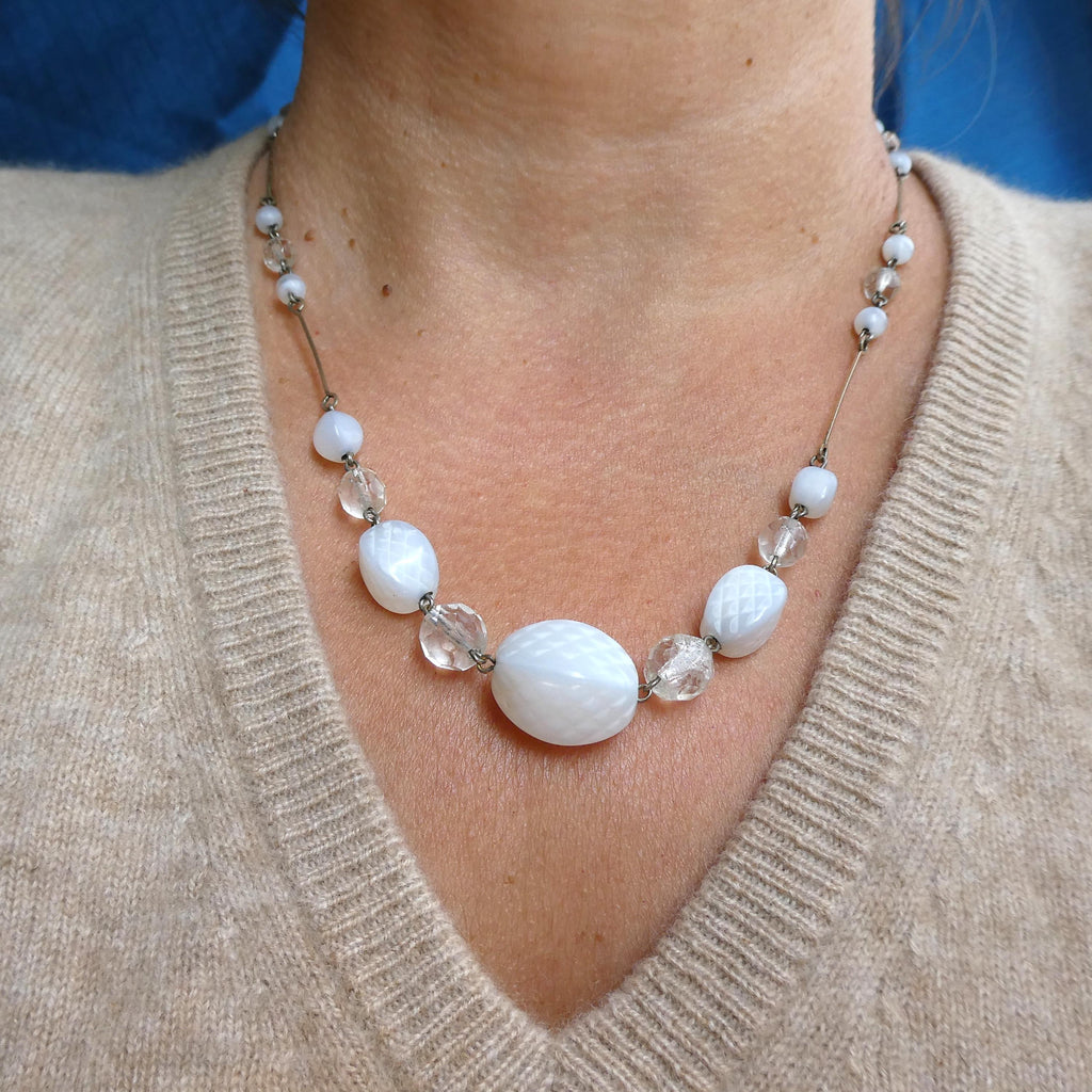 Antique Deco Czech Necklace 1920s Optical Illusion Art Glass Crystal Rolled Gold Wire Collar