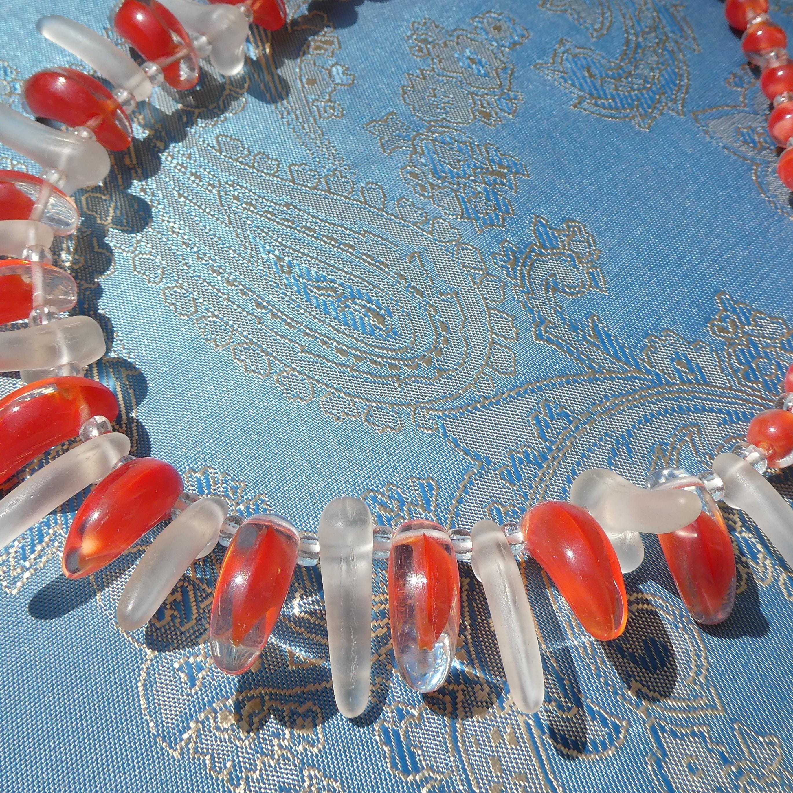 Vintage 50s Sommerso Glass Necklace Coral Art Glass Fringe Collar