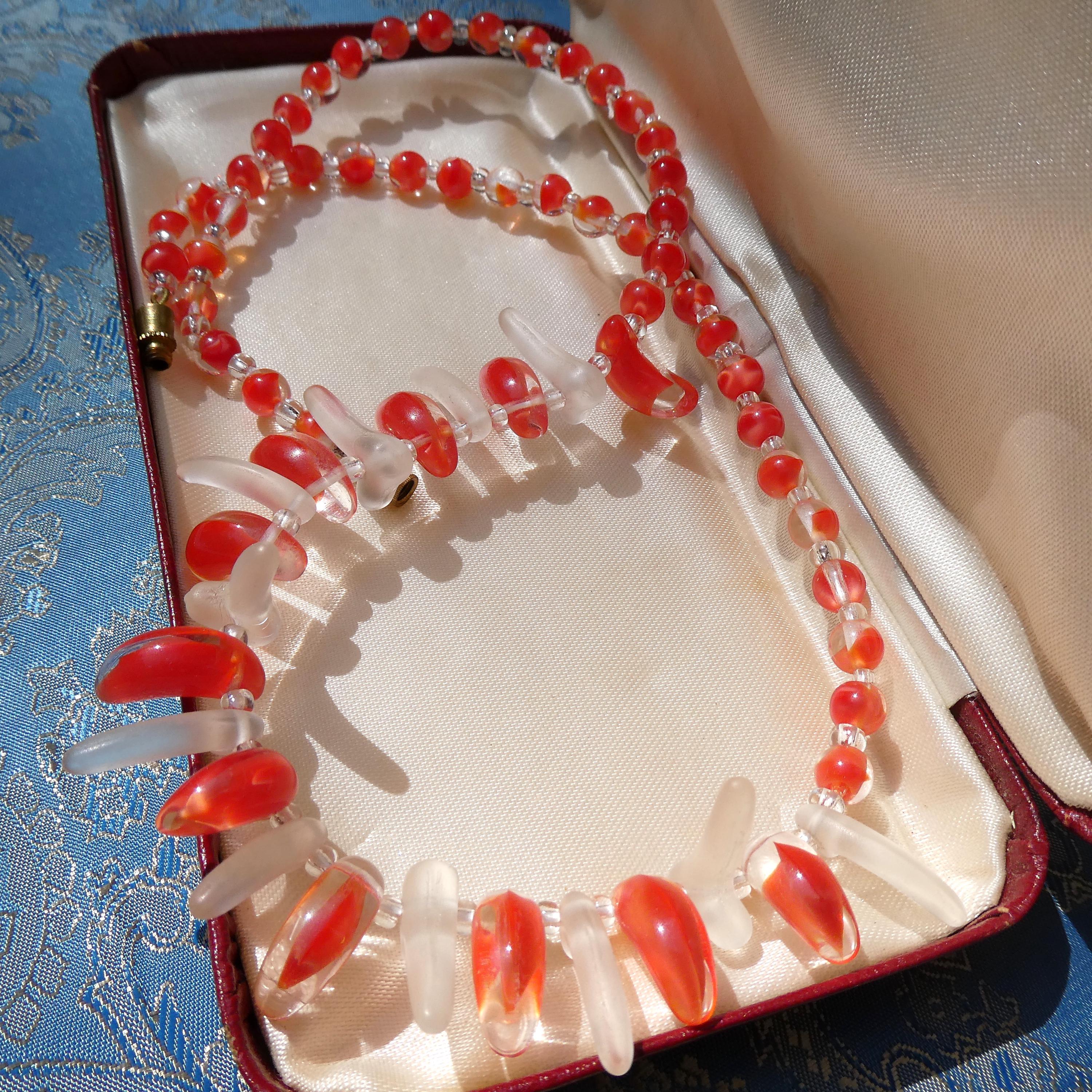 Vintage 50s Sommerso Glass Necklace Coral Art Glass Fringe Collar