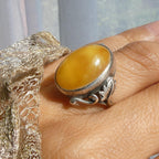Large 6.6g Baltic Butterscotch Amber Silver Ring, 1990s Artisan Handcrafted Egg Yolk Beeswax Amber