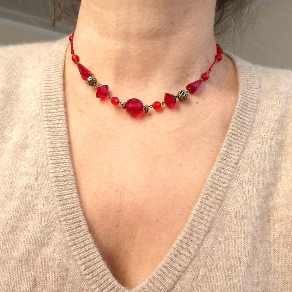 Antique 1920s Deco Neiger Brothers Necklace Chinoiserie Pierced Spheres & Blood Red Czech (Bohemian) Crystal
