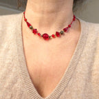 Antique 1920s Deco Neiger Brothers Necklace Chinoiserie Pierced Spheres & Blood Red Czech (Bohemian) Crystal