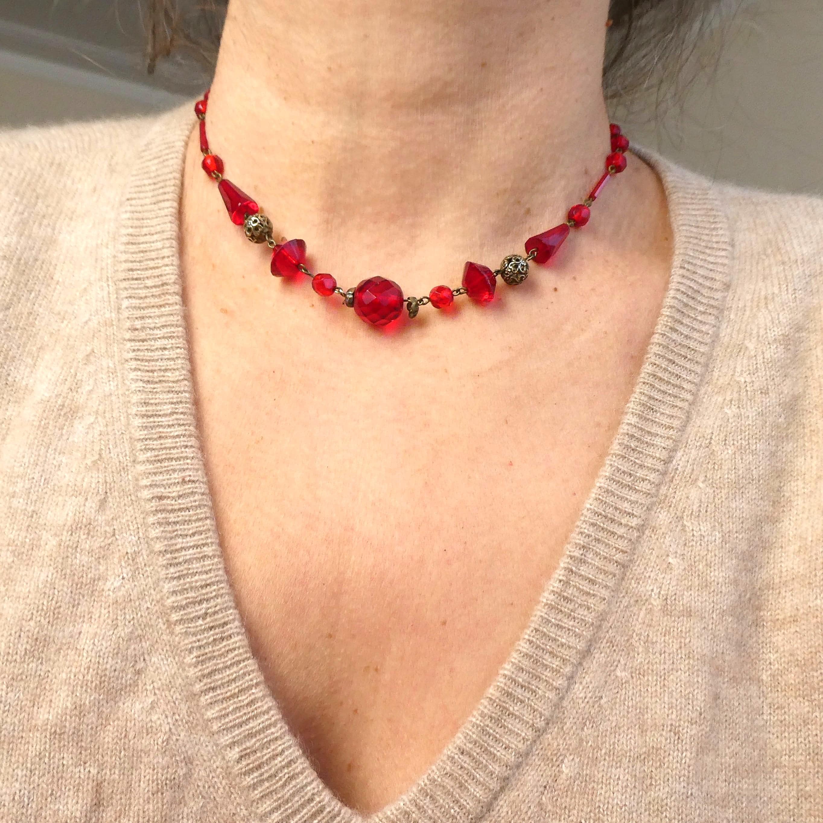 Antique 1920s Deco Neiger Brothers Necklace Chinoiserie Pierced Spheres & Blood Red Czech (Bohemian) Crystal