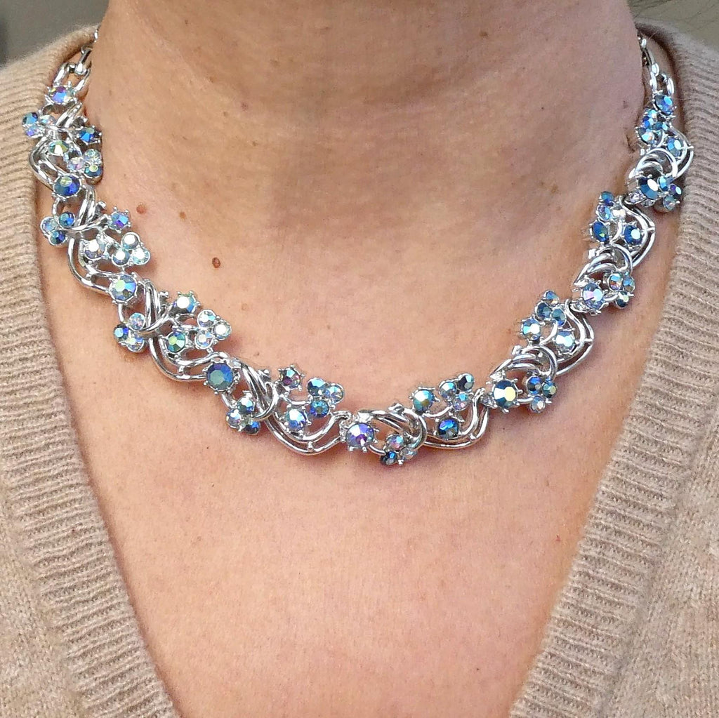 Vintage 1950s Costume Necklace Midcentury Aurora Borealis Crystal Collar, Likely Jewelcraft