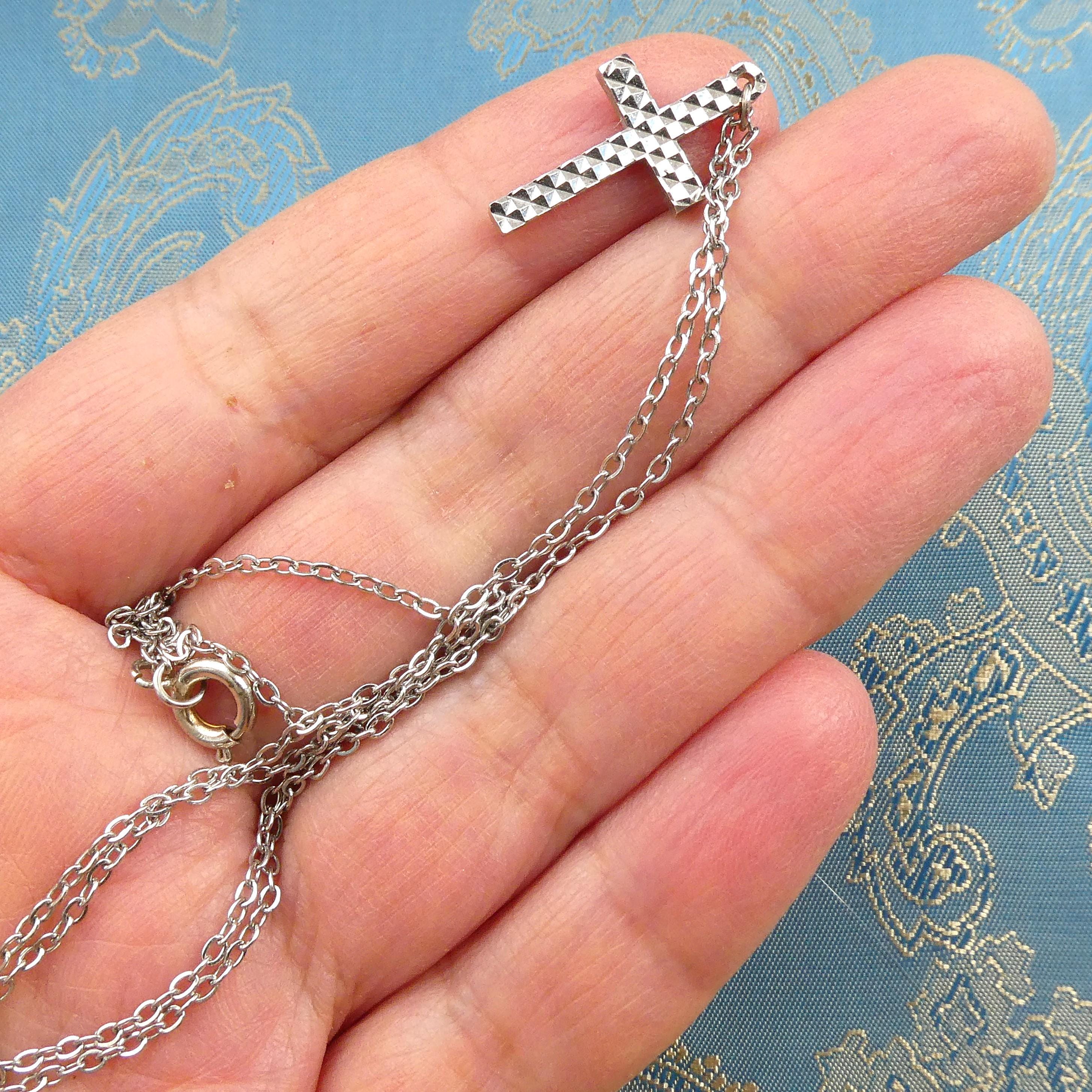 Vintage Diamond Cut Cross Pendant 1970s Shiny Mod Polished Christian Jewelry