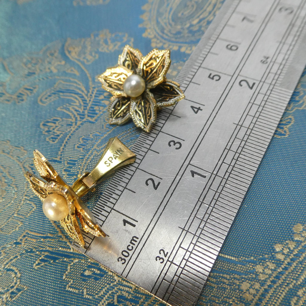 1950s Vintage Flower Earrings Spanish Damascene Style Glass Pearl Clip-Ons