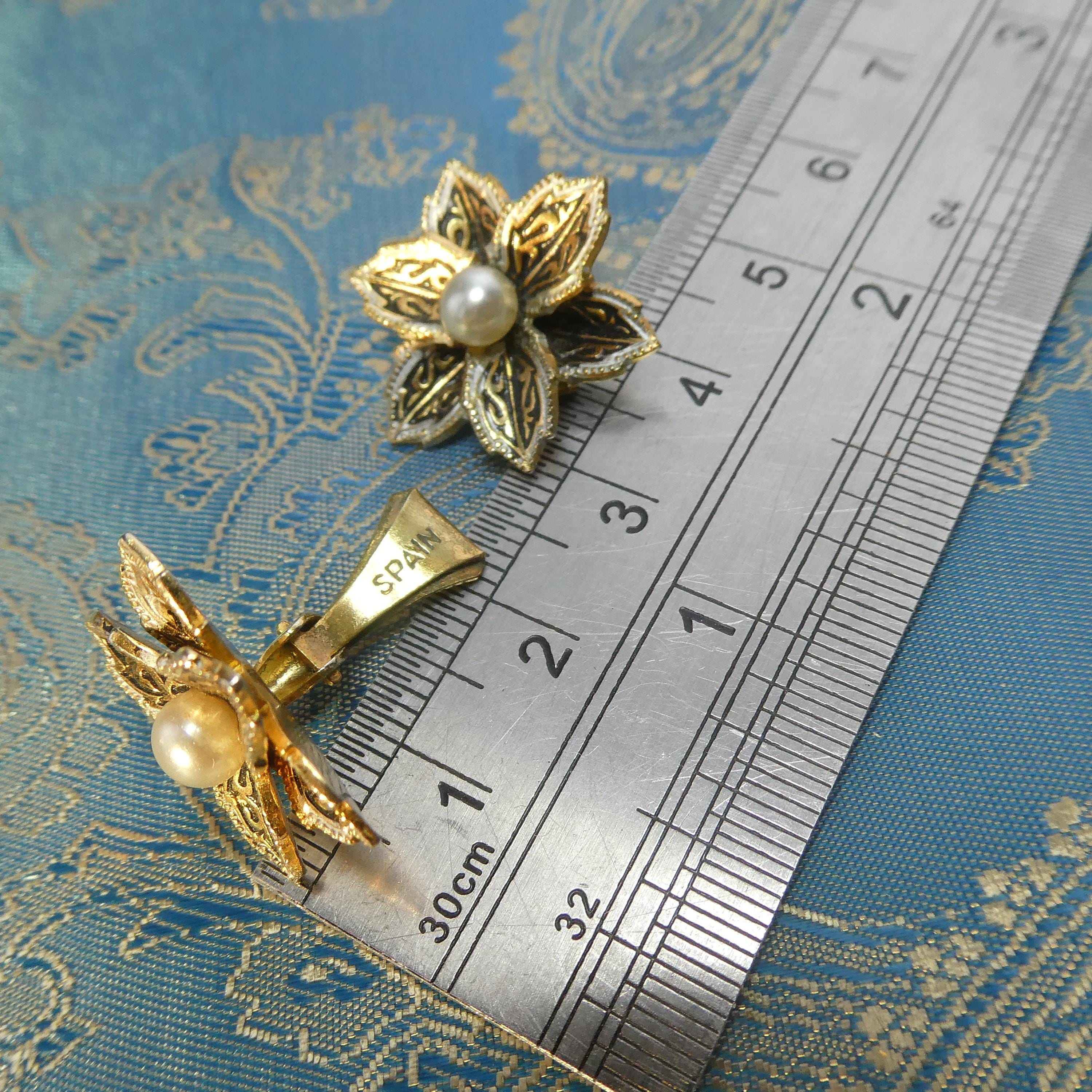 1950s Vintage Flower Earrings Spanish Damascene Style Glass Pearl Clip-Ons