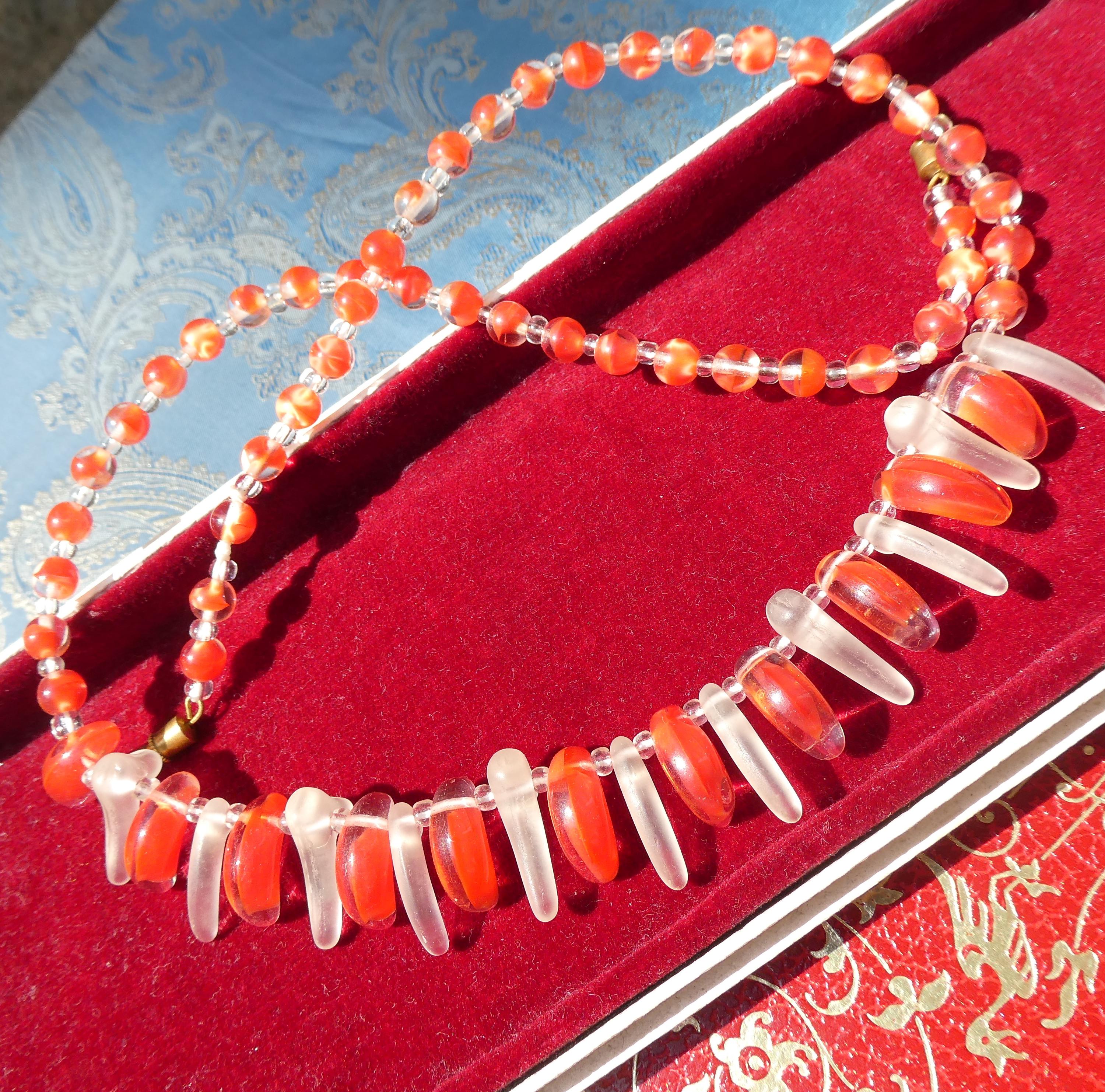 Vintage 50s Sommerso Glass Necklace Coral Art Glass Fringe Collar