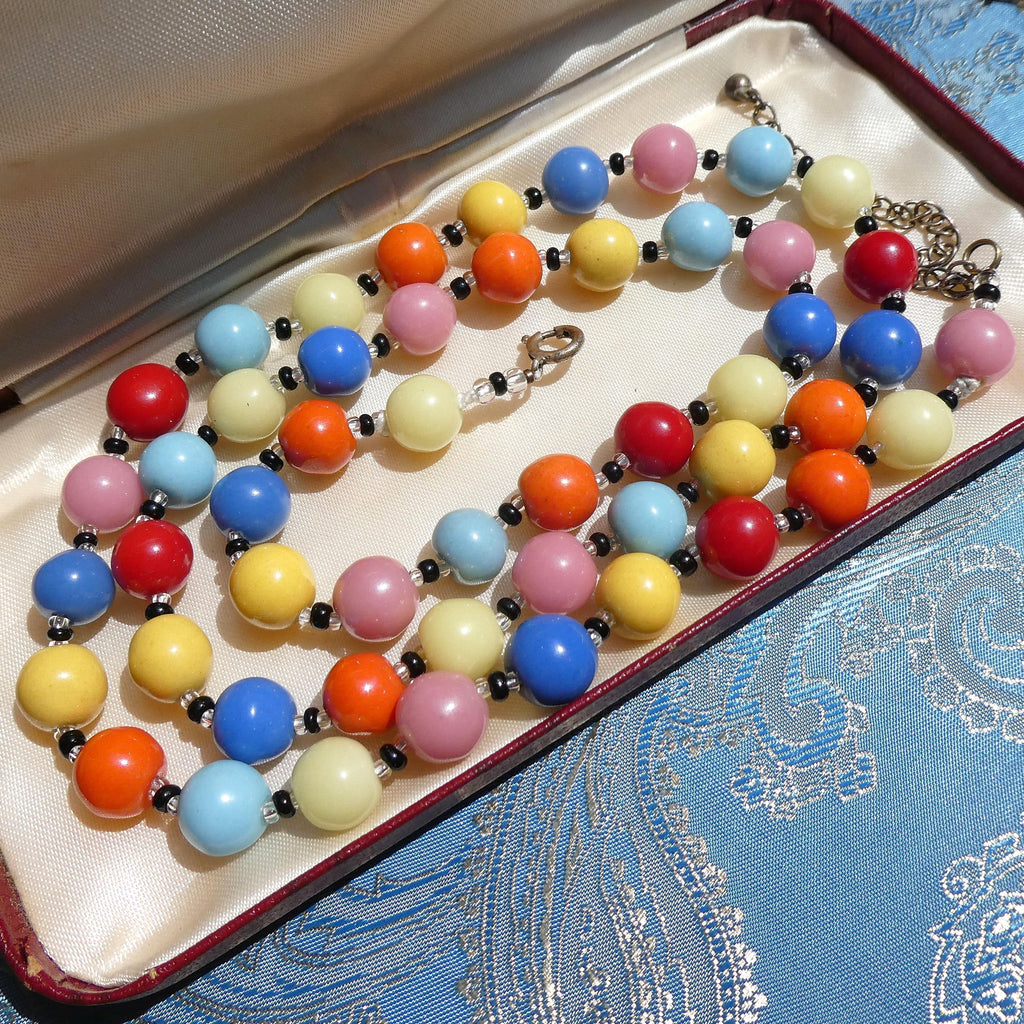 Vintage Deco Necklace, 1930s Czech Harlequin Art Glass Multicoloured Beads