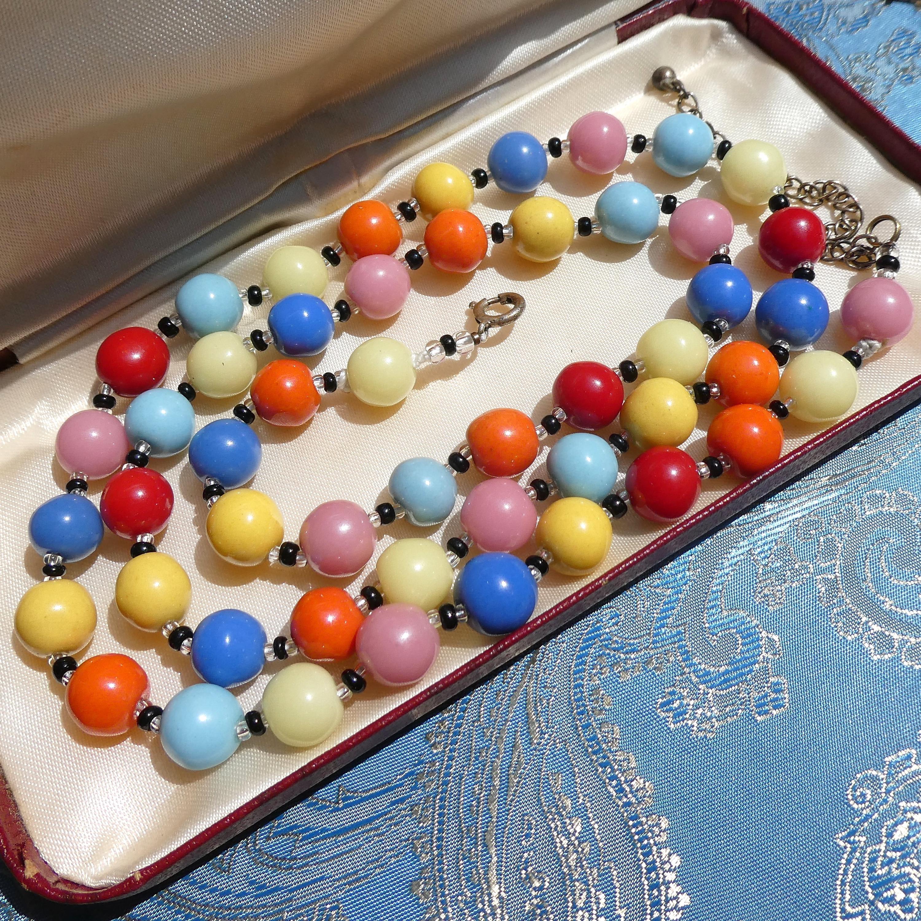 Vintage Deco Necklace, 1930s Czech Harlequin Art Glass Multicoloured Beads
