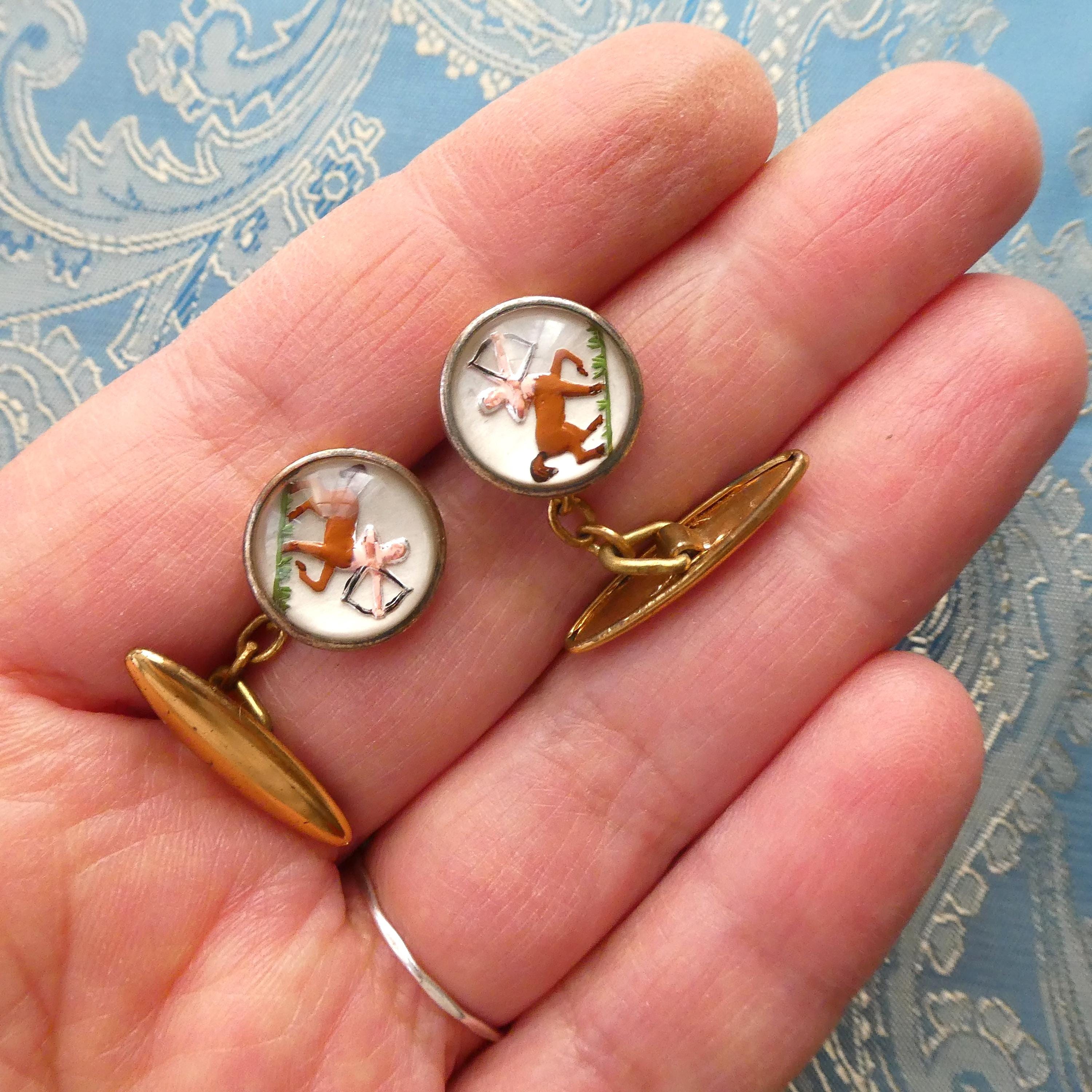 Antique Deco Cufflinks Sagittarius Zodiac Sign Intaglio Reverse Painted Essex Crystal Glass December Birthday