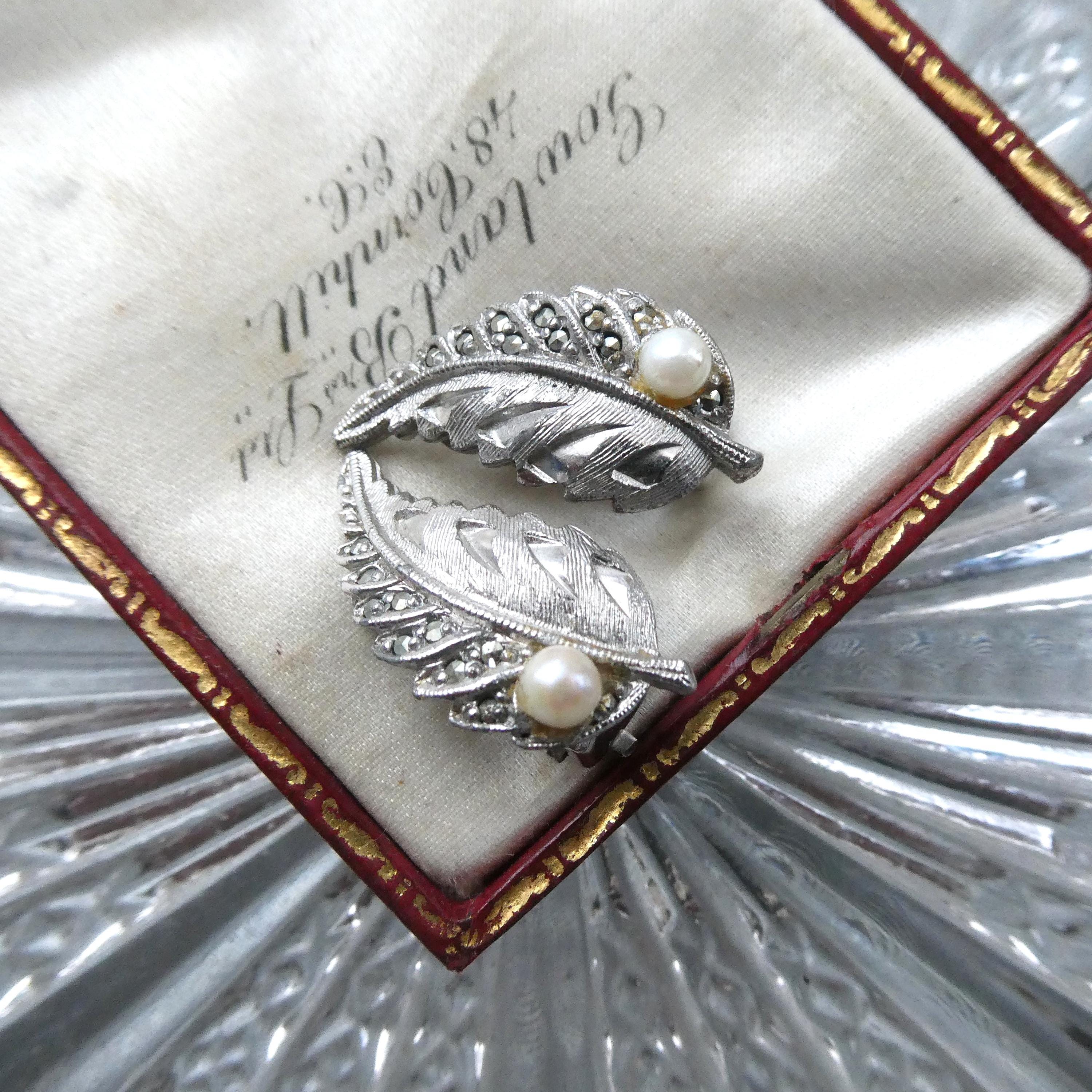 Vintage Sphinx Earrings Real Pearl Midcentury 1960s Marcasite Leaf Clip-on