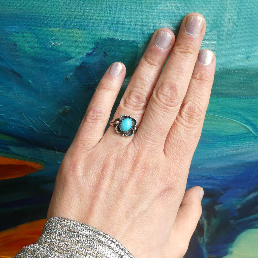 Vintage Navajo Robin's Egg Turquoise Ring Midcentury Handcrafted Silver Tribal Southwestern Jewelry