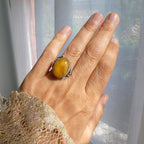 Large 6.6g Baltic Butterscotch Amber Silver Ring, 1990s Artisan Handcrafted Egg Yolk Beeswax Amber