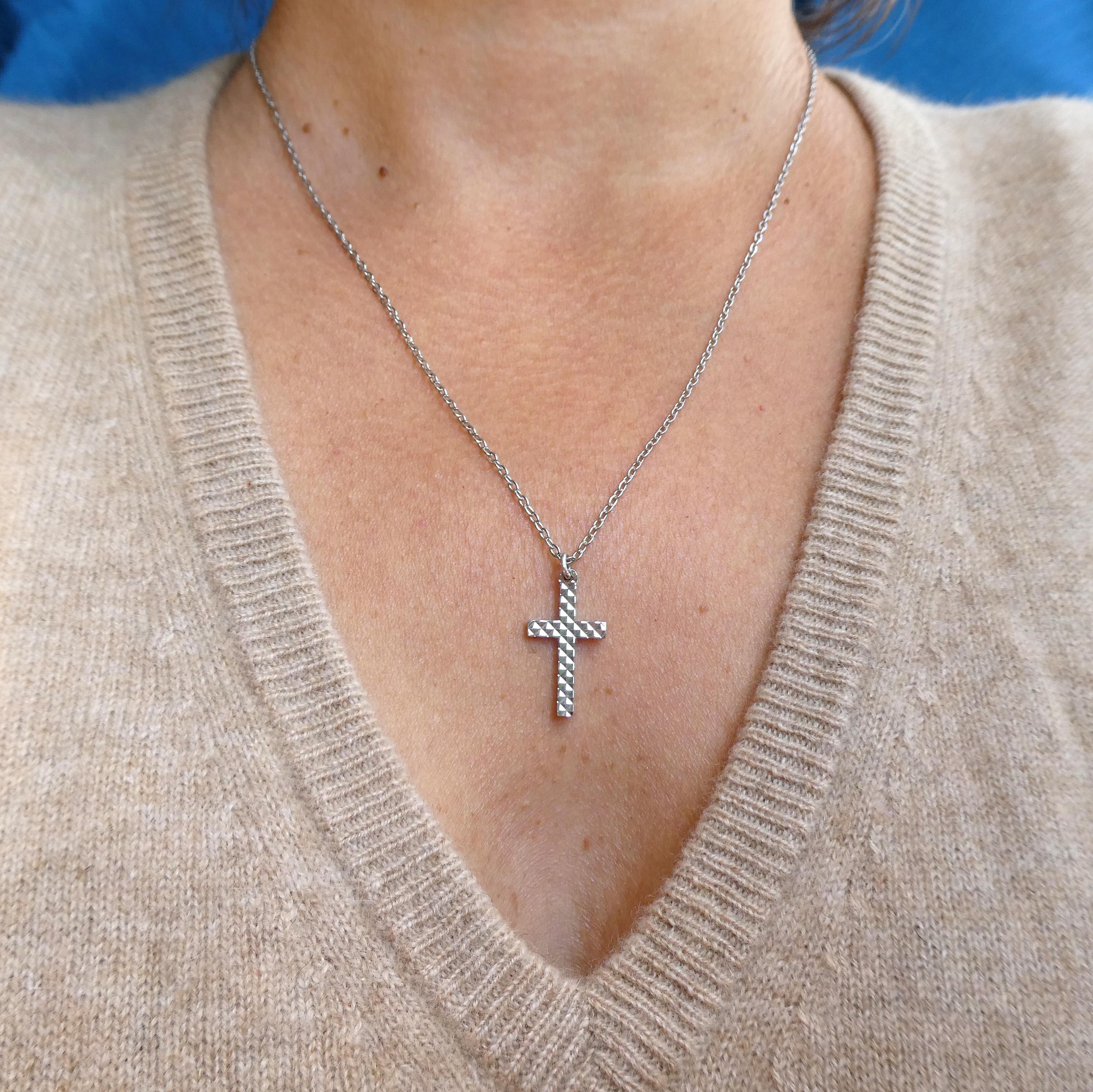 Vintage Diamond Cut Cross Pendant 1970s Shiny Mod Polished Christian Jewelry