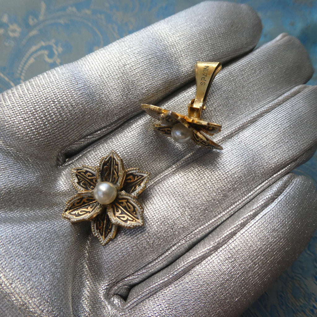 1950s Vintage Flower Earrings Spanish Damascene Style Glass Pearl Clip-Ons