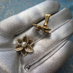 1950s Vintage Flower Earrings Spanish Damascene Style Glass Pearl Clip-Ons