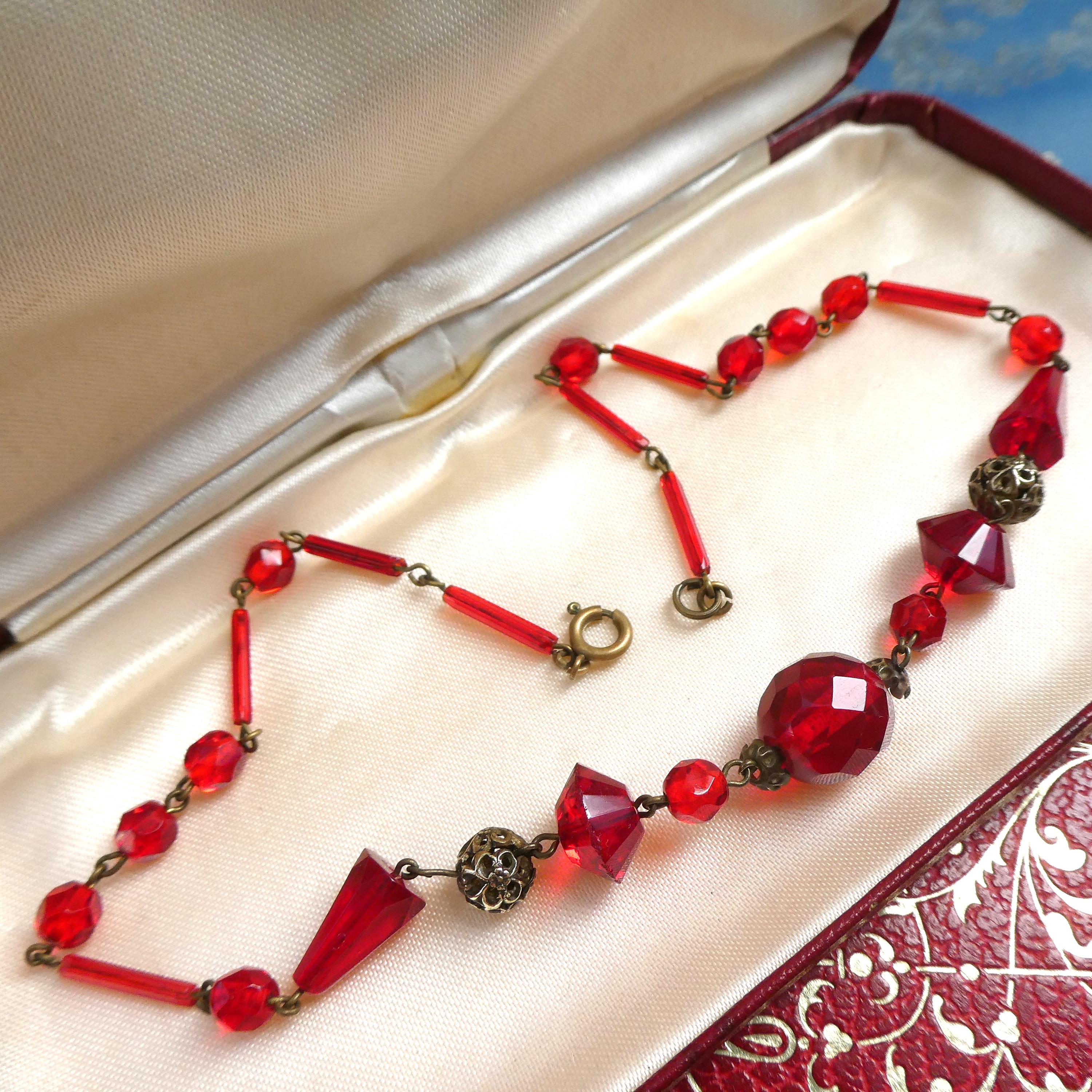 Antique 1920s Deco Neiger Brothers Necklace Chinoiserie Pierced Spheres & Blood Red Czech (Bohemian) Crystal