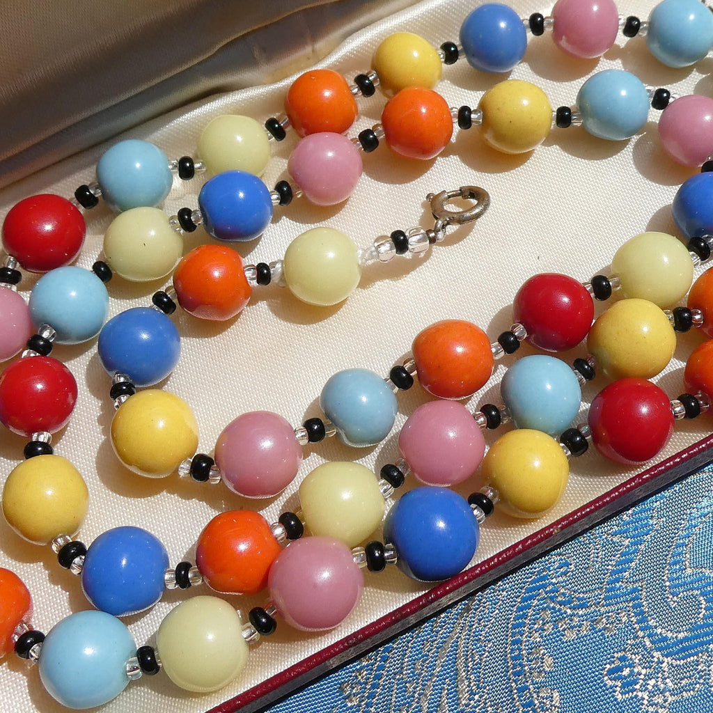 Vintage Deco Necklace, 1930s Czech Harlequin Art Glass Multicoloured Beads