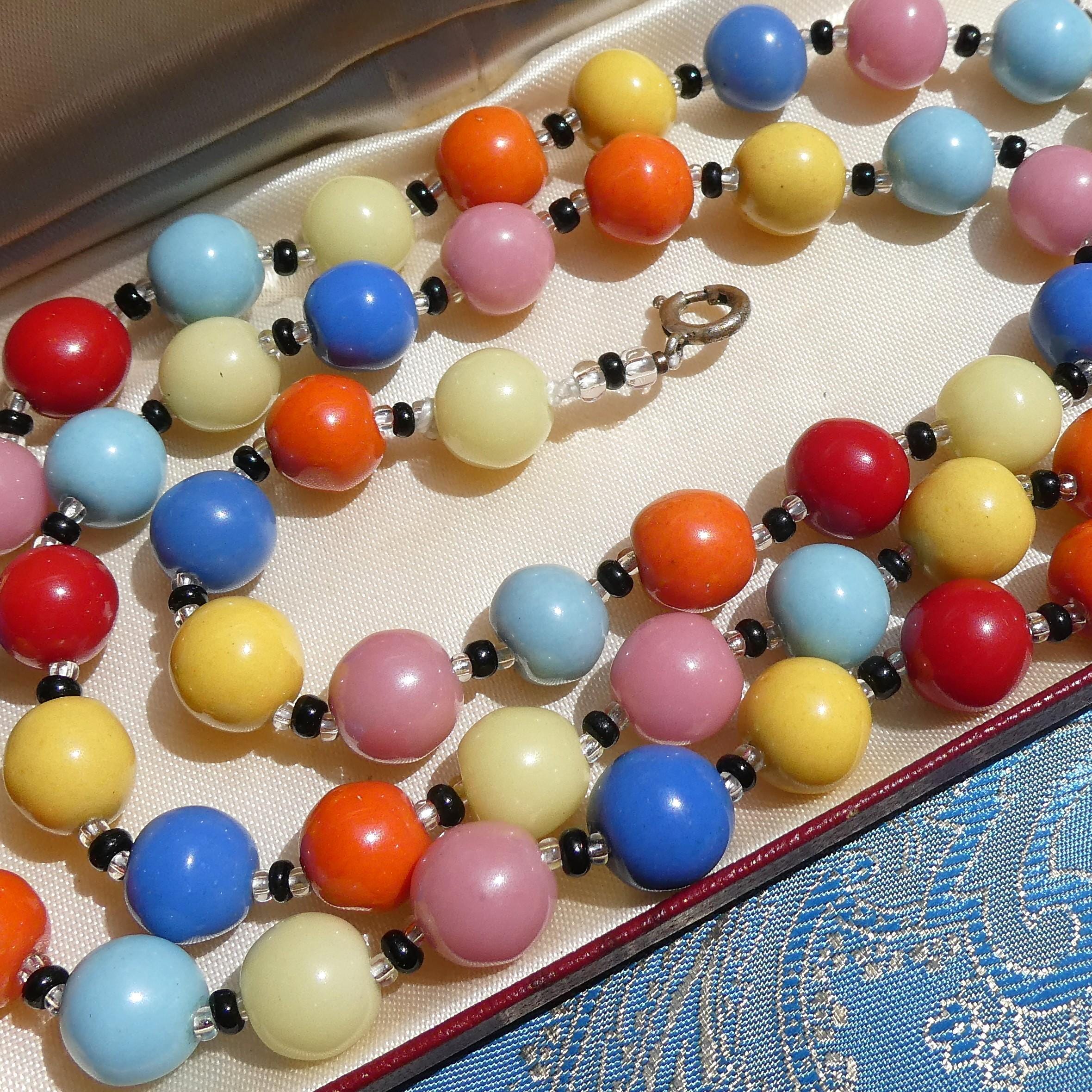 Vintage Deco Necklace, 1930s Czech Harlequin Art Glass Multicoloured Beads
