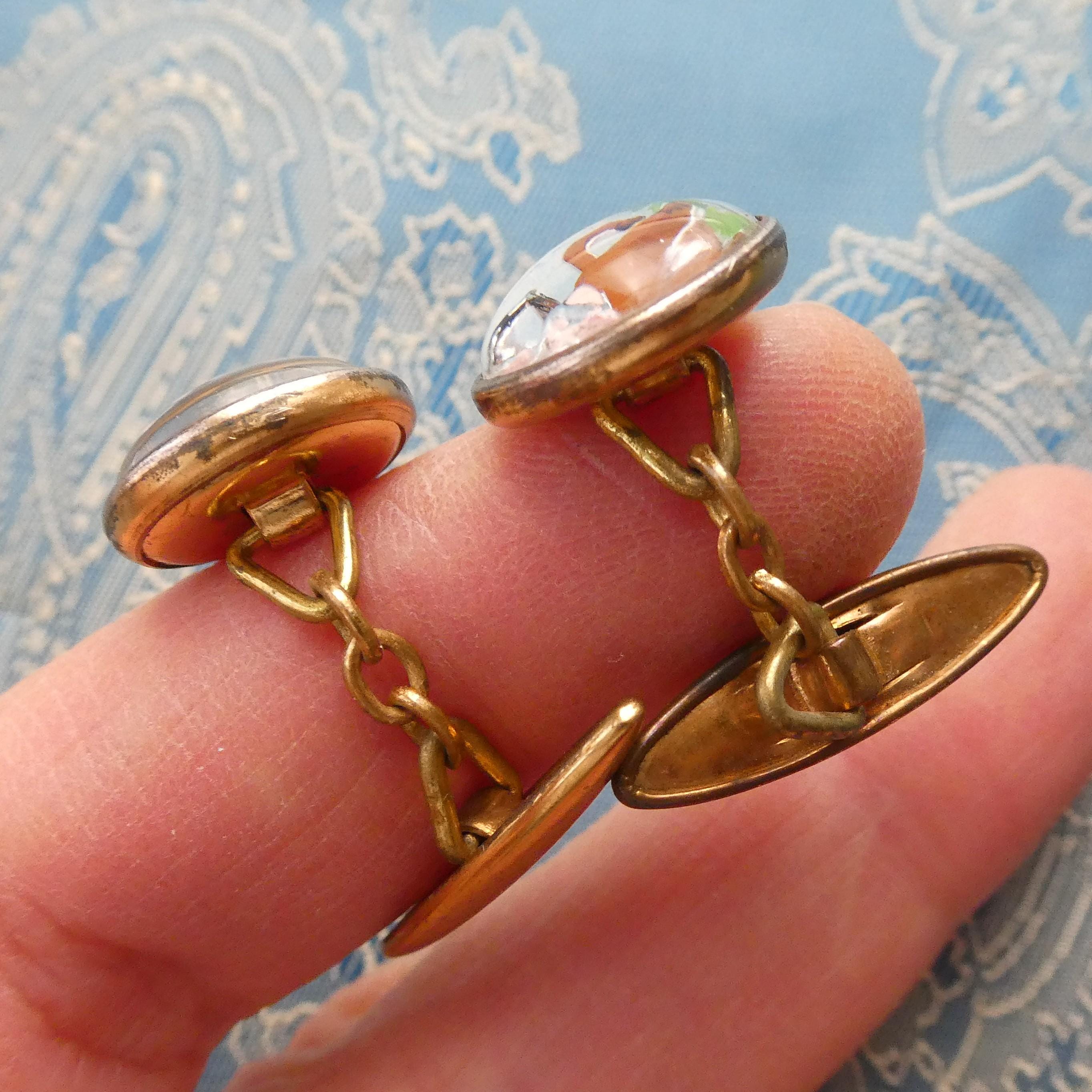 Antique Deco Cufflinks Sagittarius Zodiac Sign Intaglio Reverse Painted Essex Crystal Glass December Birthday