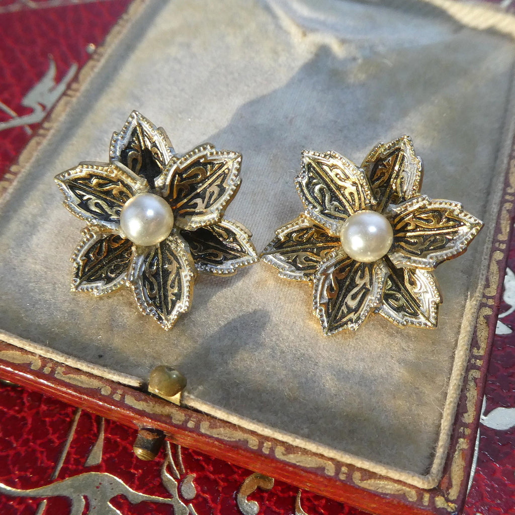 1950s Vintage Flower Earrings Spanish Damascene Style Glass Pearl Clip-Ons