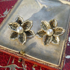 1950s Vintage Flower Earrings Spanish Damascene Style Glass Pearl Clip-Ons