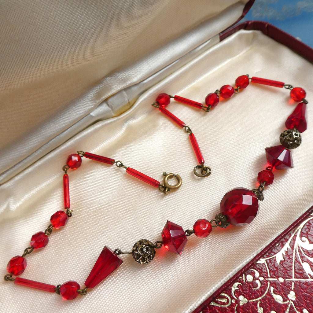 Antique 1920s Deco Neiger Brothers Necklace Chinoiserie Pierced Spheres & Blood Red Czech (Bohemian) Crystal