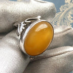 Large 6.6g Baltic Butterscotch Amber Silver Ring, 1990s Artisan Handcrafted Egg Yolk Beeswax Amber