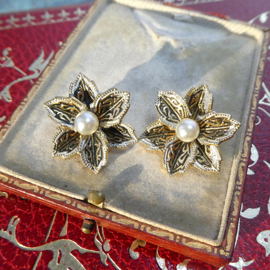 1950s Vintage Flower Earrings Spanish Damascene Style Glass Pearl Clip-Ons