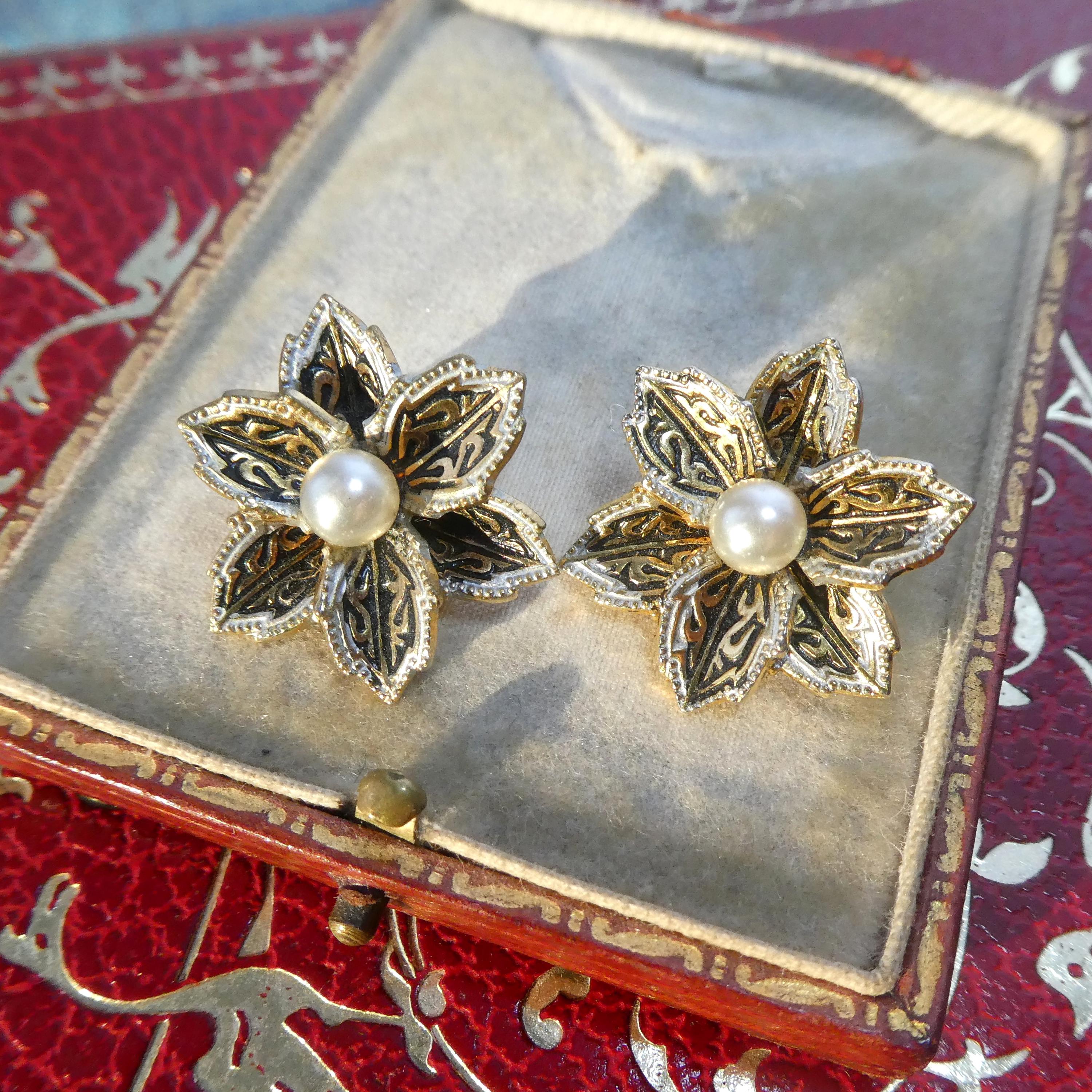 1950s Vintage Flower Earrings Spanish Damascene Style Glass Pearl Clip-Ons