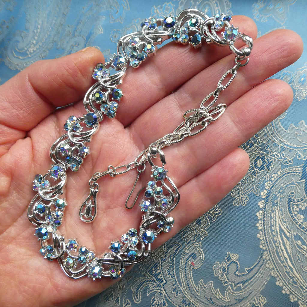 Vintage 1950s Costume Necklace Midcentury Aurora Borealis Crystal Collar, Likely Jewelcraft
