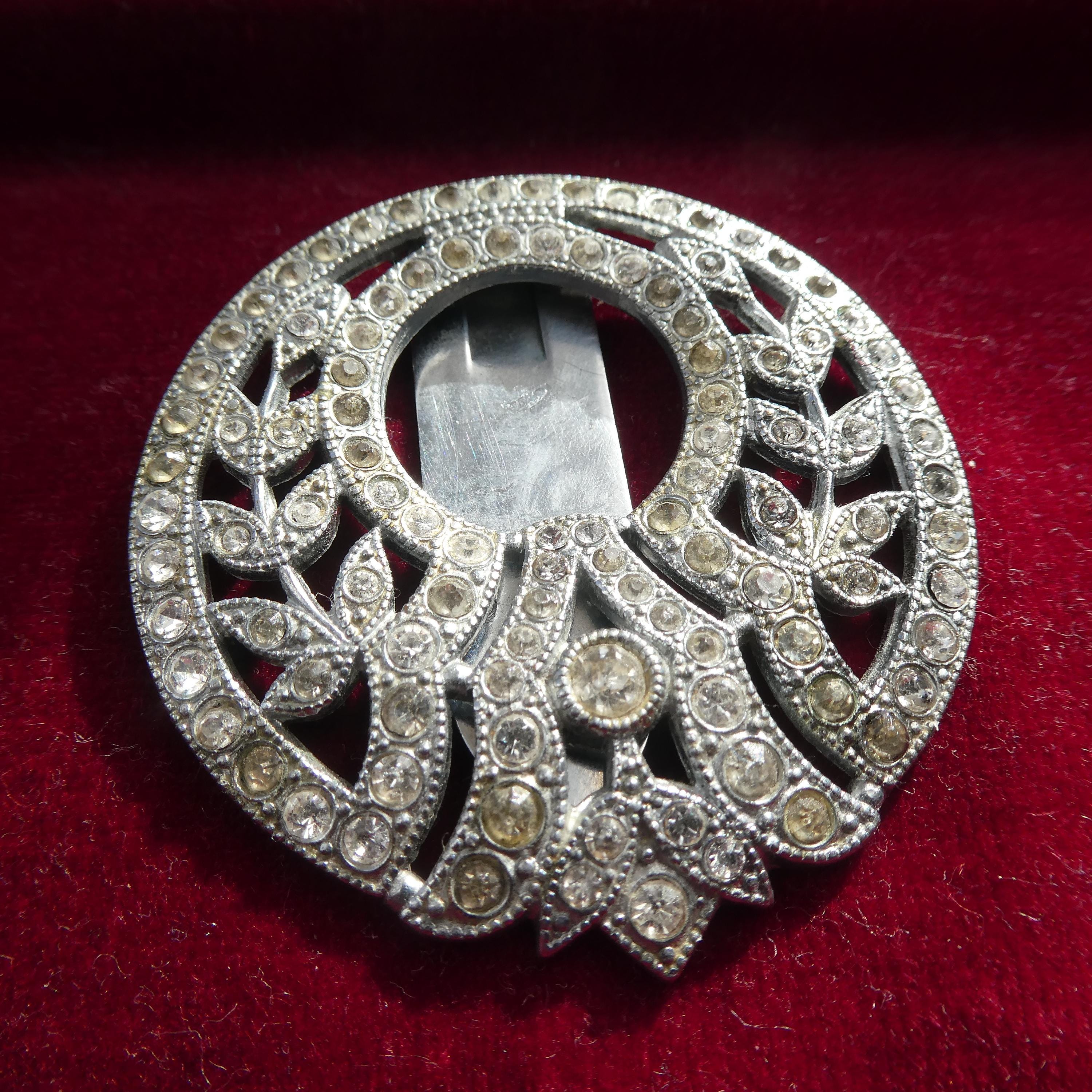 Vintage 1930s Deco Dress Clip Brooch Large Diamante Buckle Pin