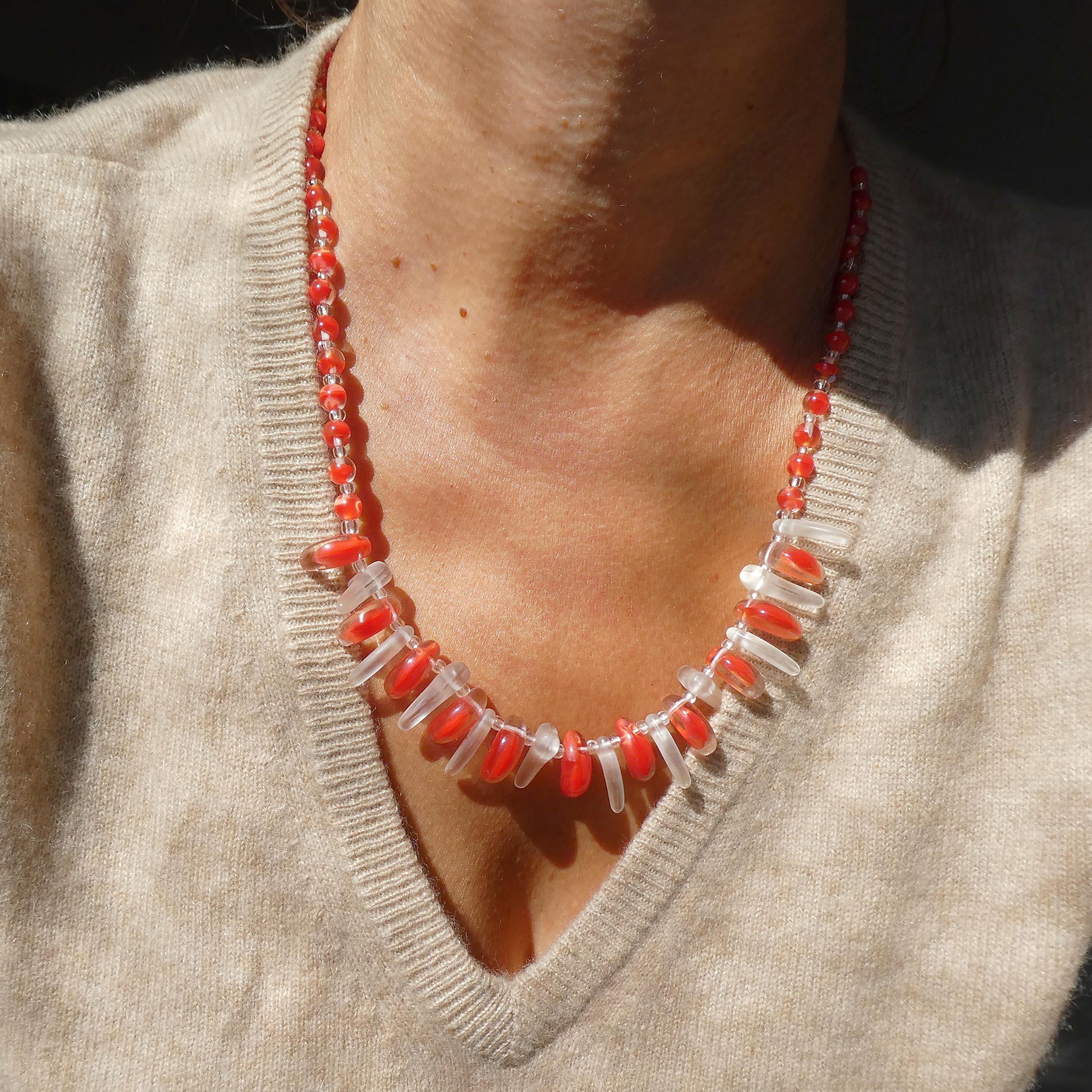 Vintage 50s Sommerso Glass Necklace Coral Art Glass Fringe Collar