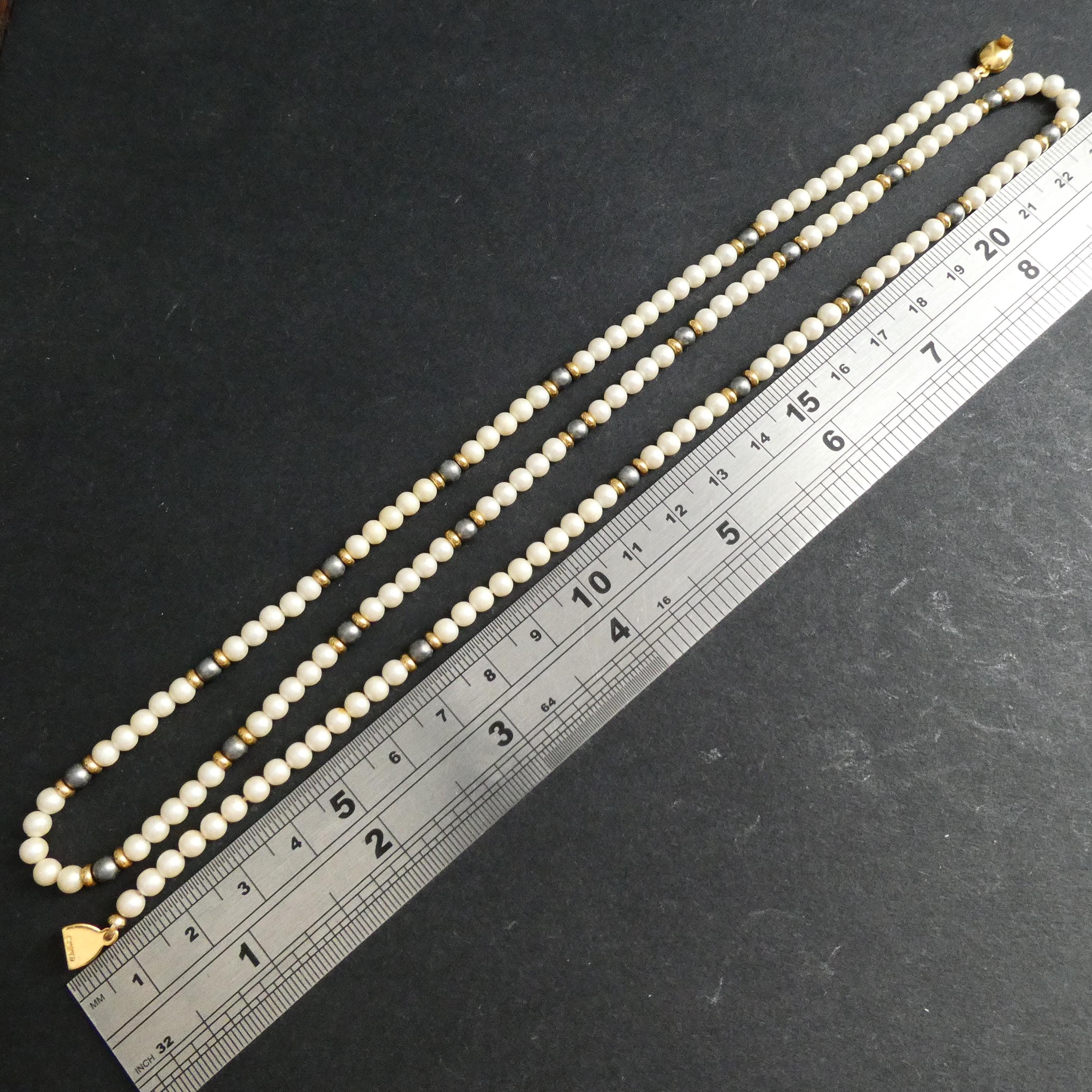 Vintage Monet Glass Pearl Necklace 1980s Dainty Black & White Pearl Matinee Rope
