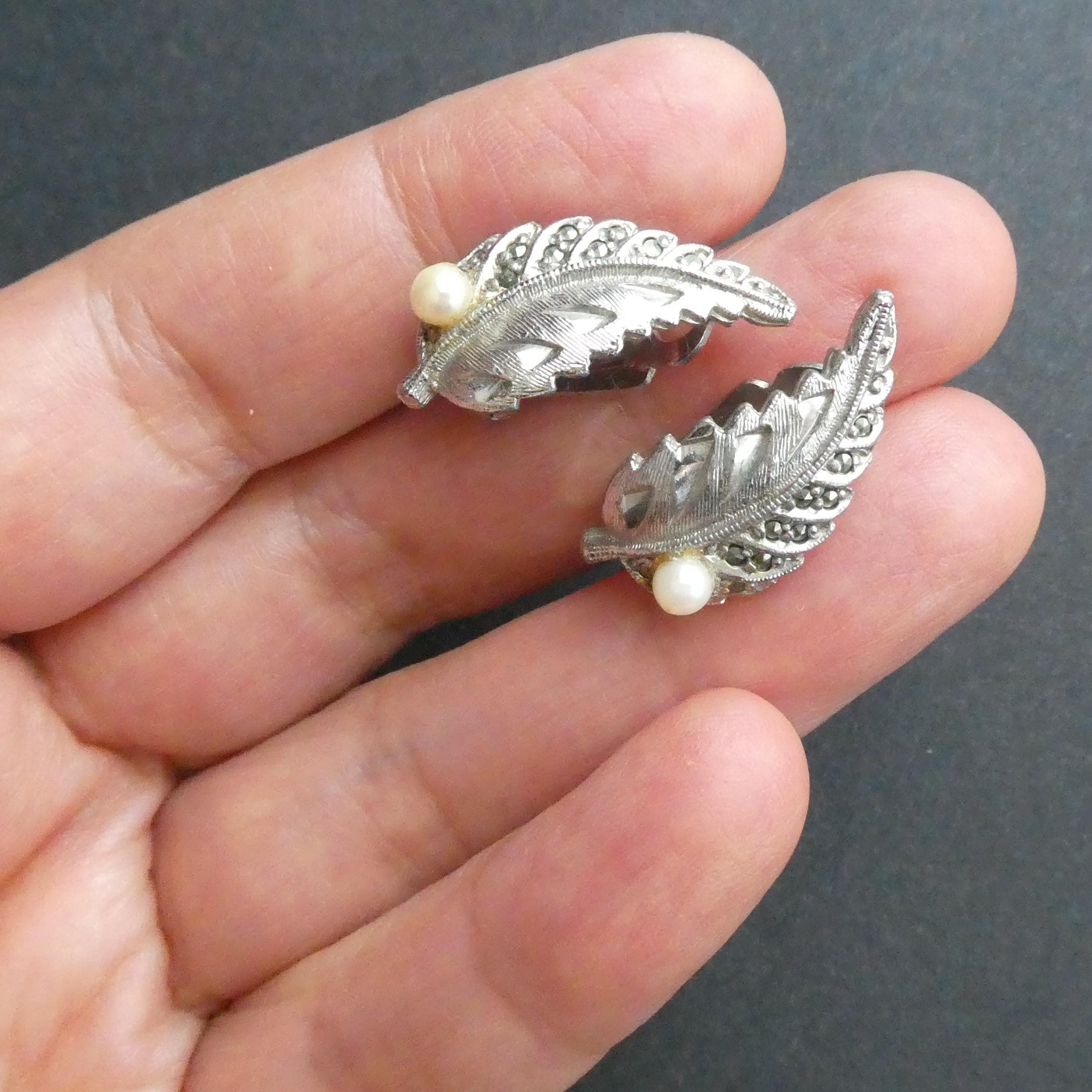 Vintage Sphinx Earrings Real Pearl Midcentury 1960s Marcasite Leaf Clip-on