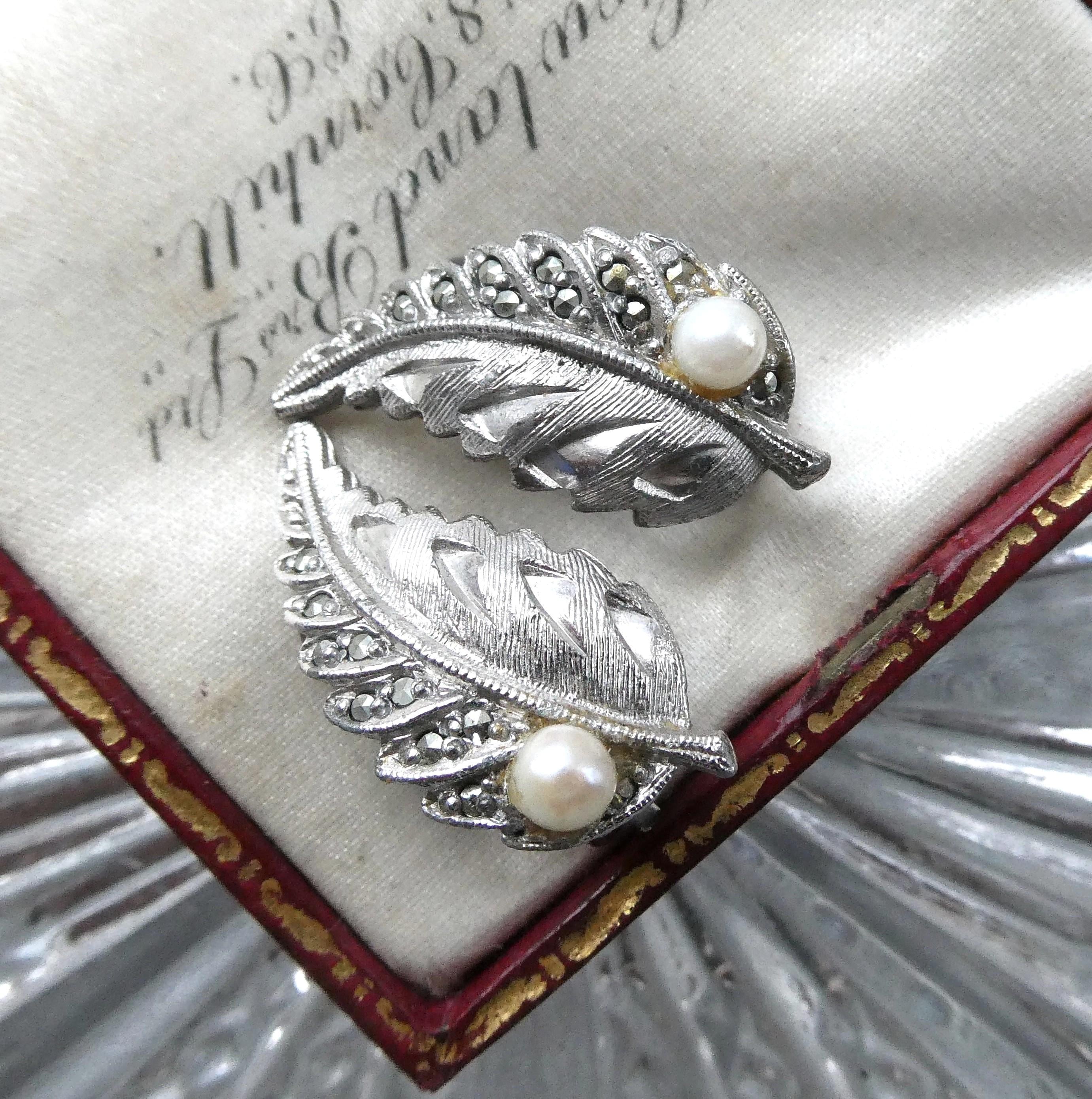 Vintage Sphinx Earrings Real Pearl Midcentury 1960s Marcasite Leaf Clip-on
