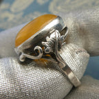 Large 6.6g Baltic Butterscotch Amber Silver Ring, 1990s Artisan Handcrafted Egg Yolk Beeswax Amber